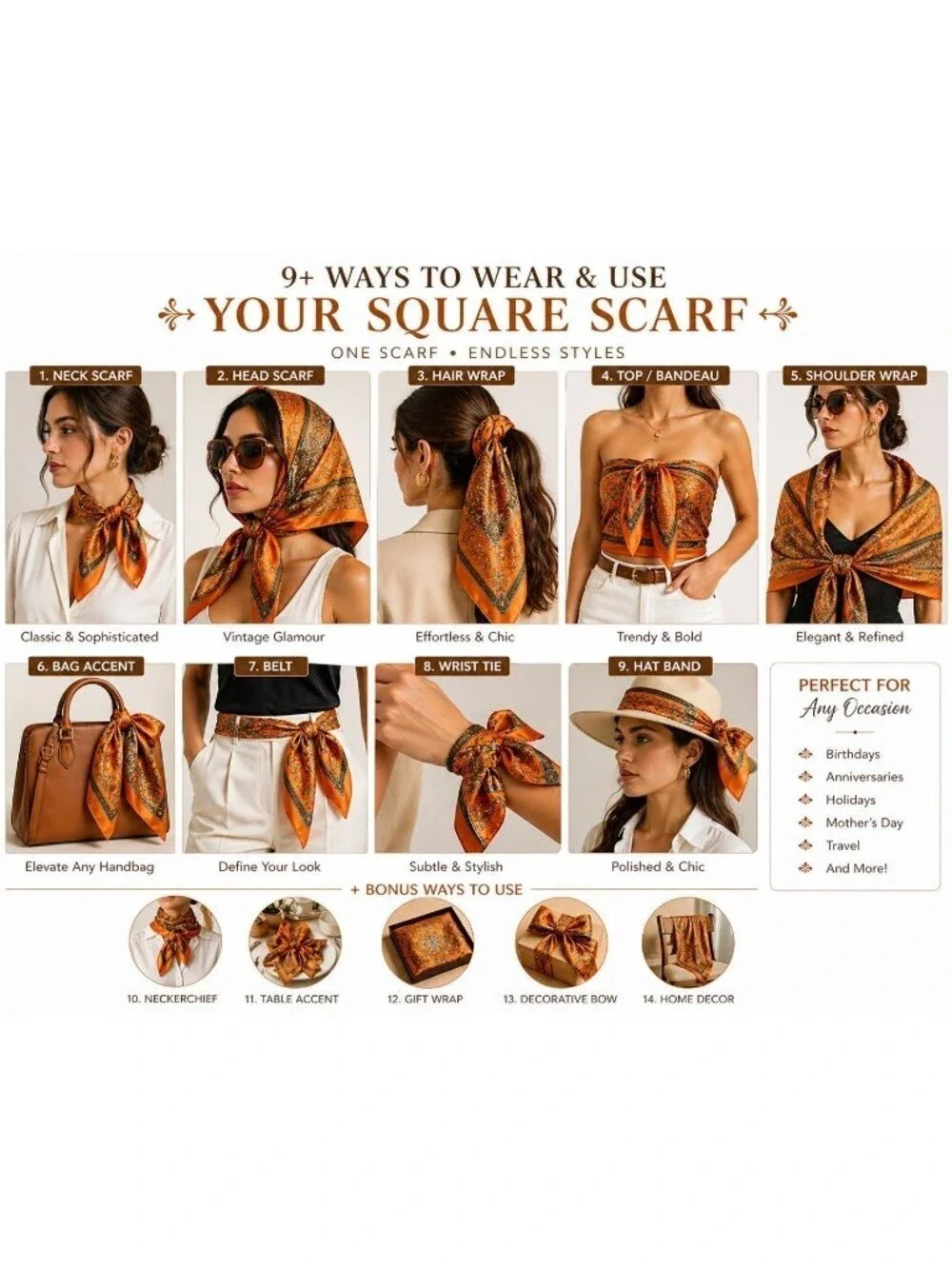 Luxury Square Satin Scarf With Ornate Floral Motif - Orange & Gold Border Design